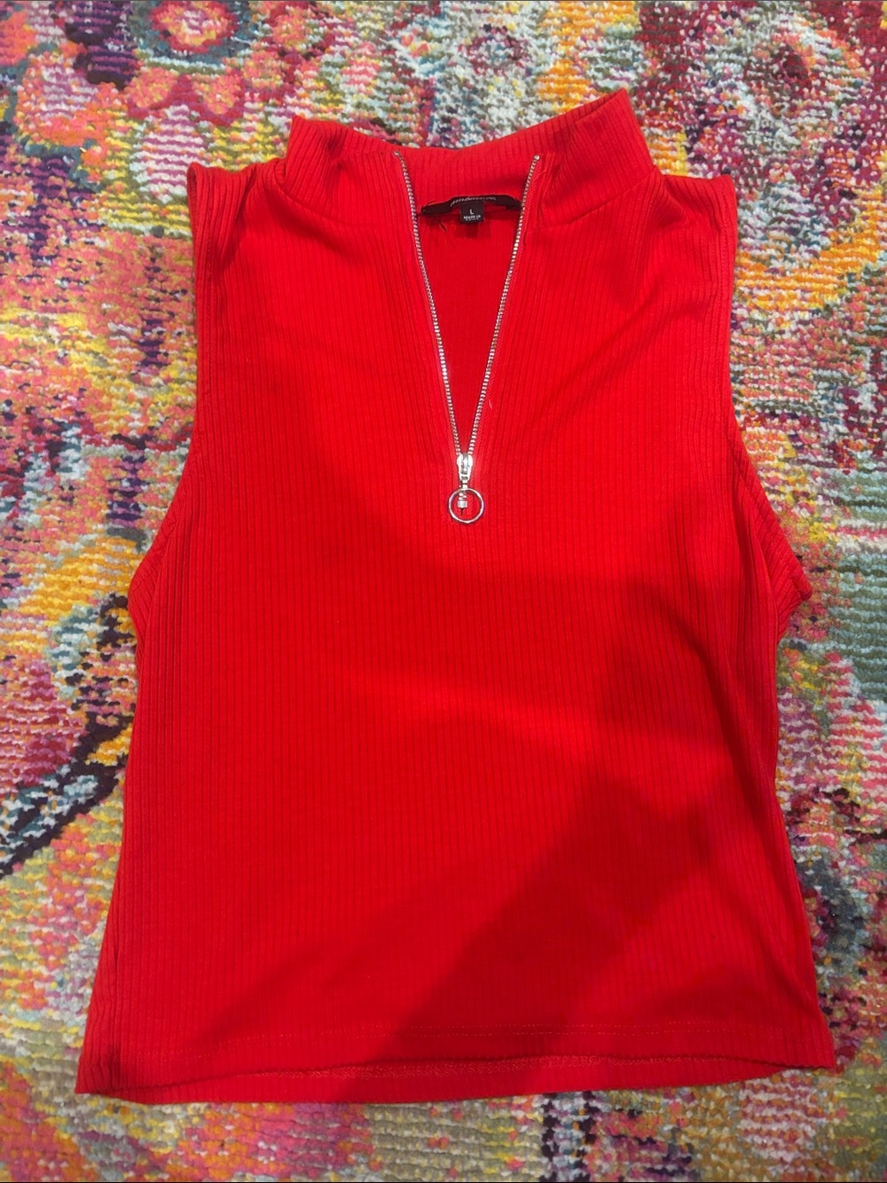 Ambiance Red Ribbed Sleeveless Tank with Silver Zip Ring